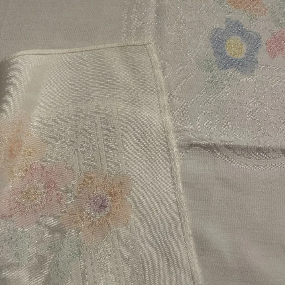 Vintage White Damask w/ Pink Blue Peach Green Floral Tablecloth 51”x47” Cottage